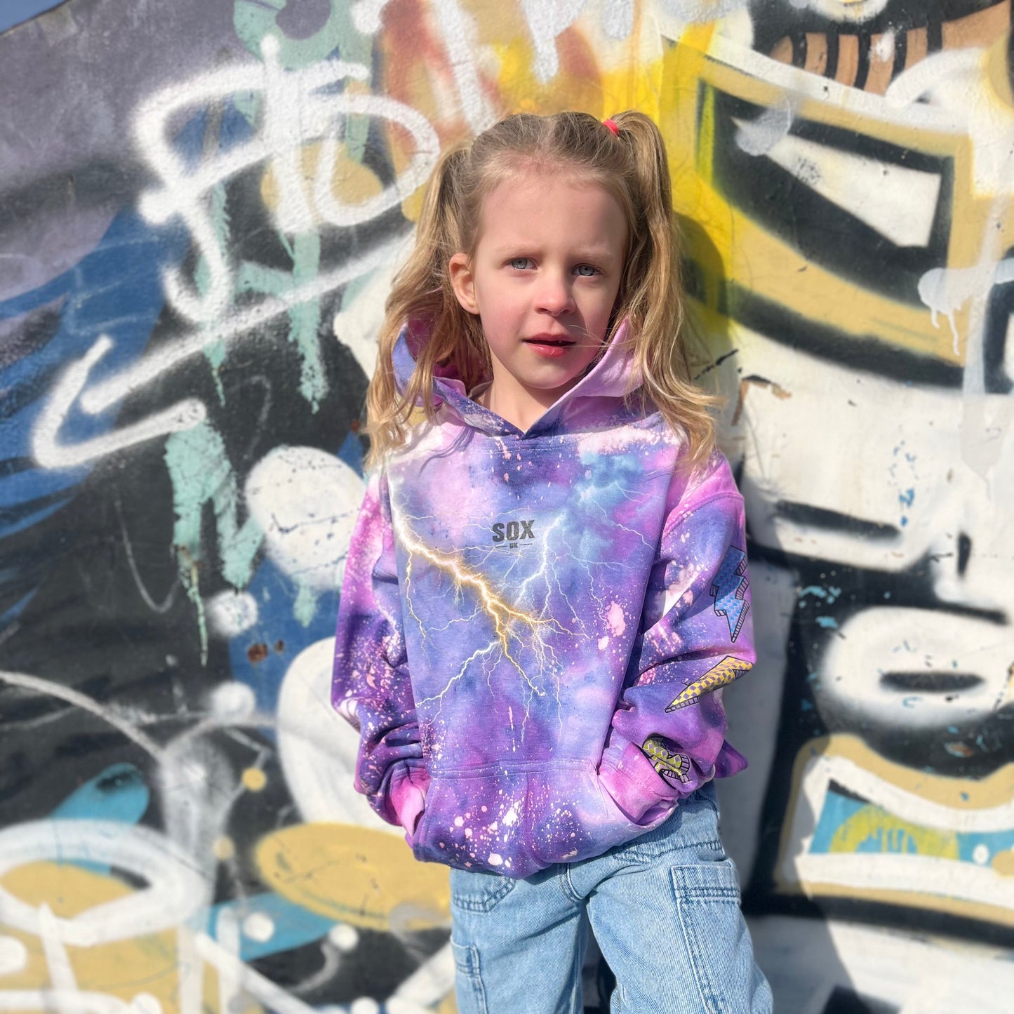 Kids tie dye hoodie handmade lightening bolt strikes purple SOX UK unisex