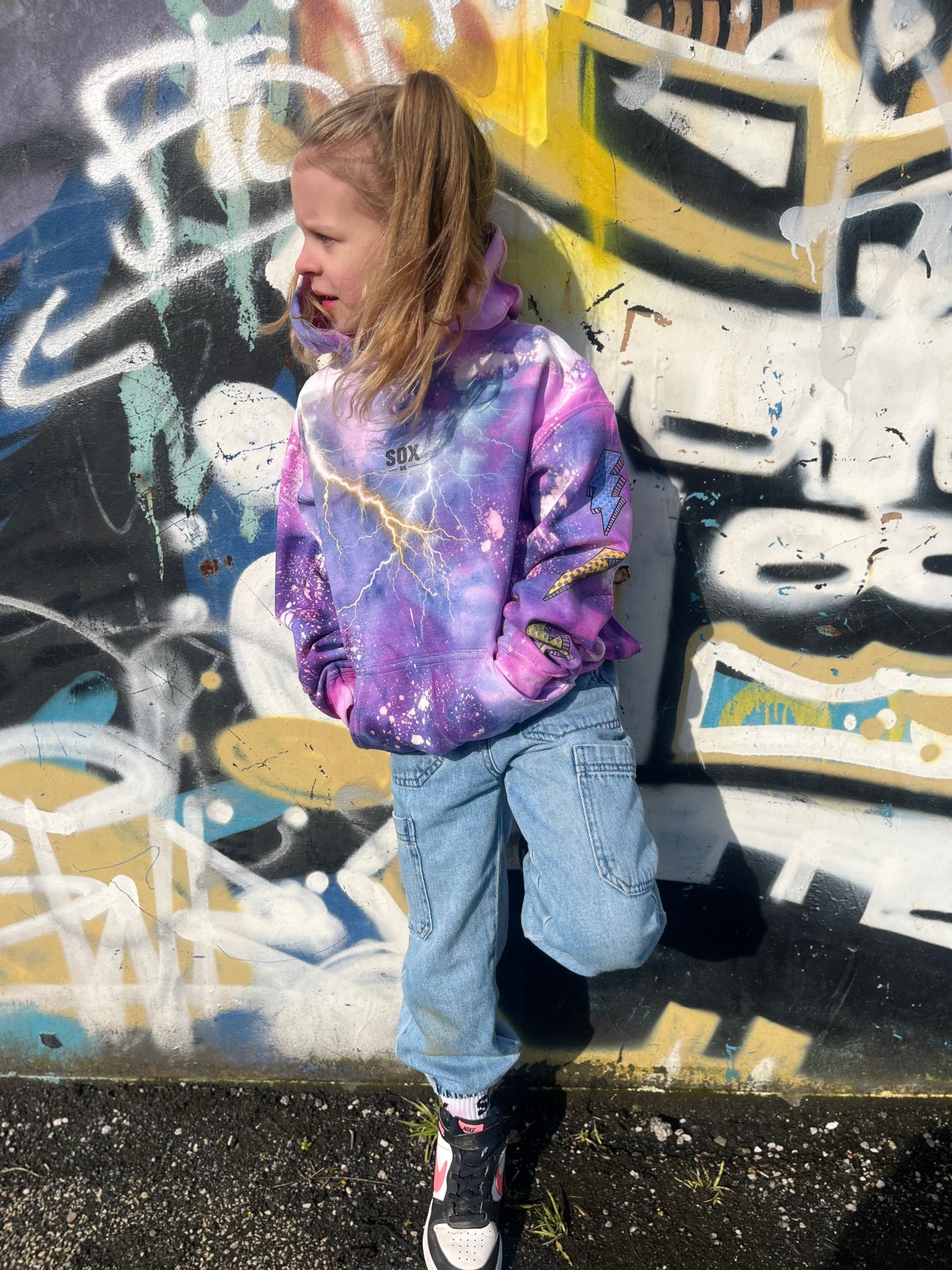 Kids tie dye hoodie handmade lightening bolt strikes purple SOX UK unisex