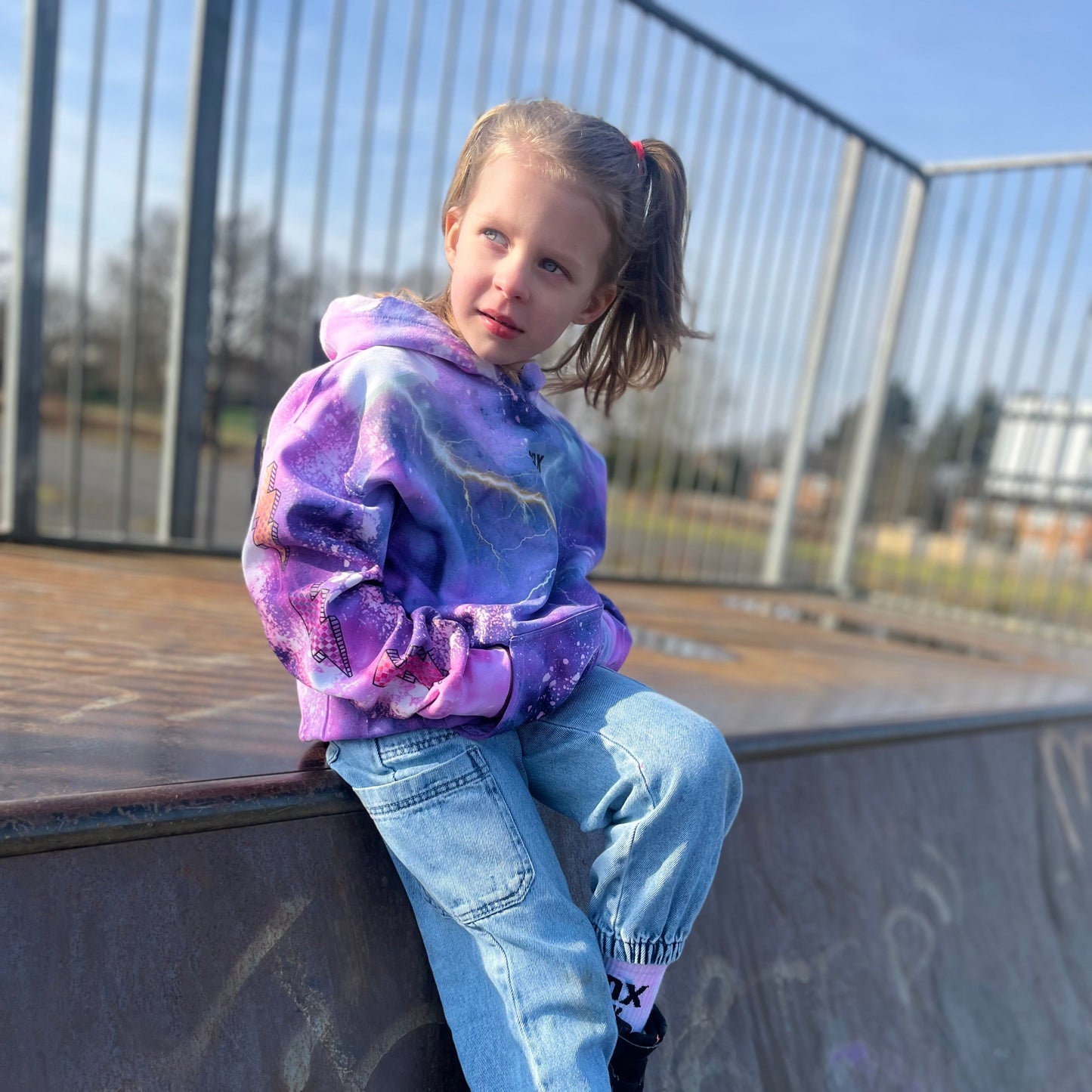 Kids tie dye hoodie handmade lightening bolt strikes purple SOX UK unisex