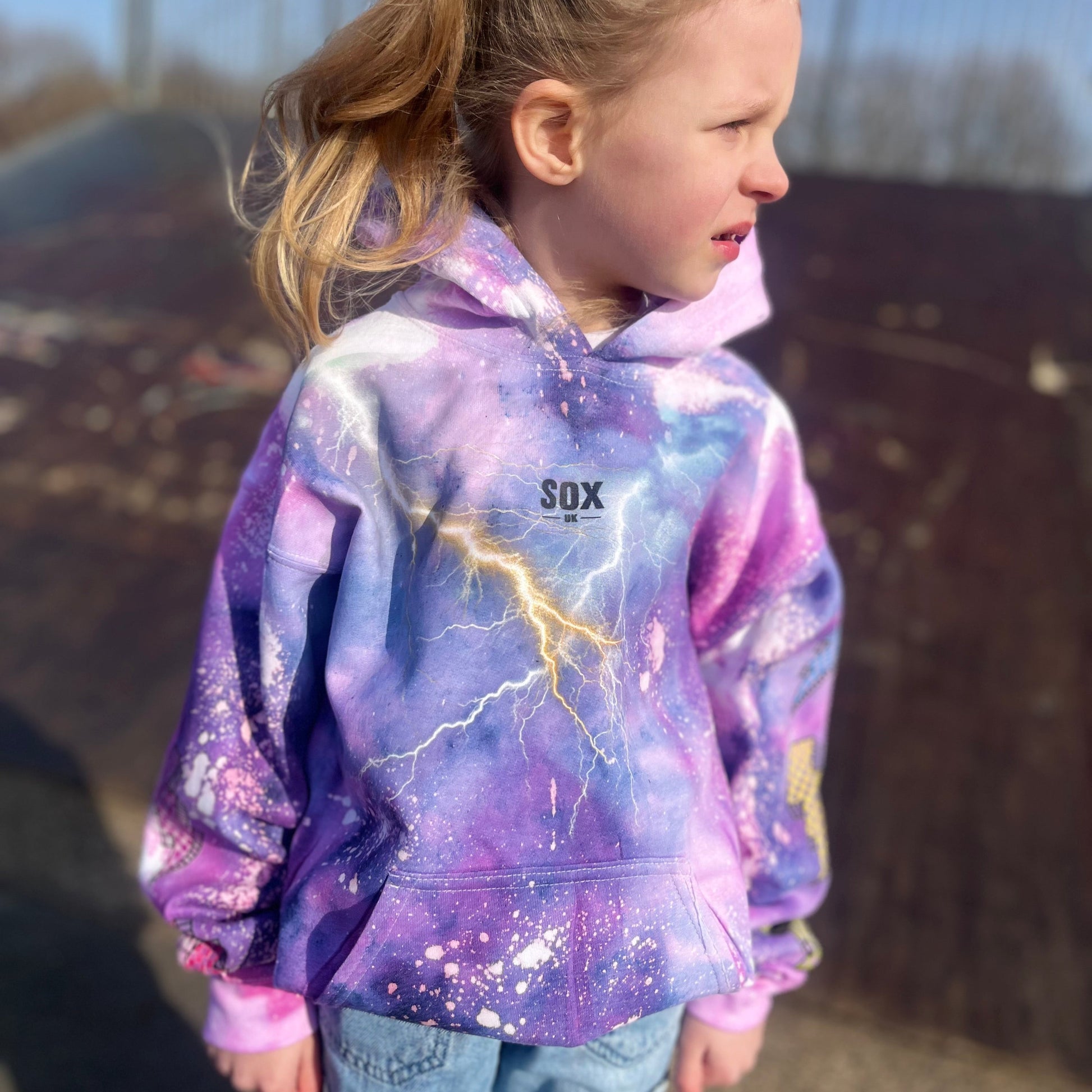 Kids tie dye hoodie handmade lightening purple SOX UK unisex