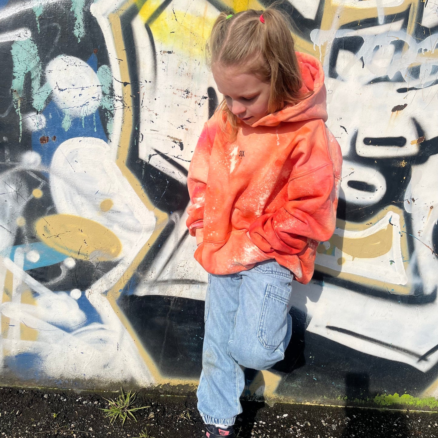 Kids unisex custom made tie dye orange hoodie - SOX UK boys and girls hoodies cotton warmth comfort handmade cosy kids clothing 