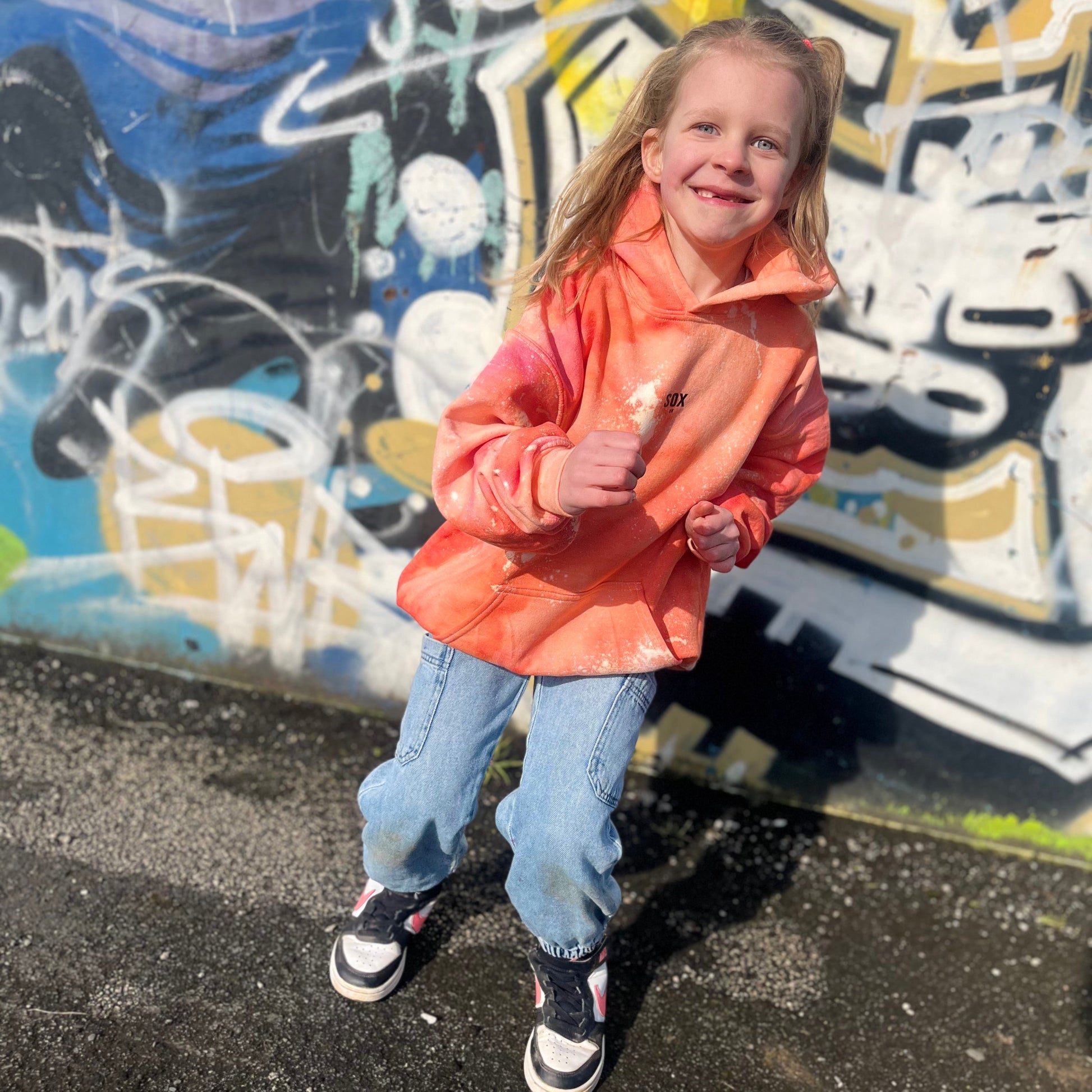 Kids unisex custom made tie dye orange hoodie - SOX UK boys and girls hoodies cotton warmth comfort handmade cosy kids clothing 