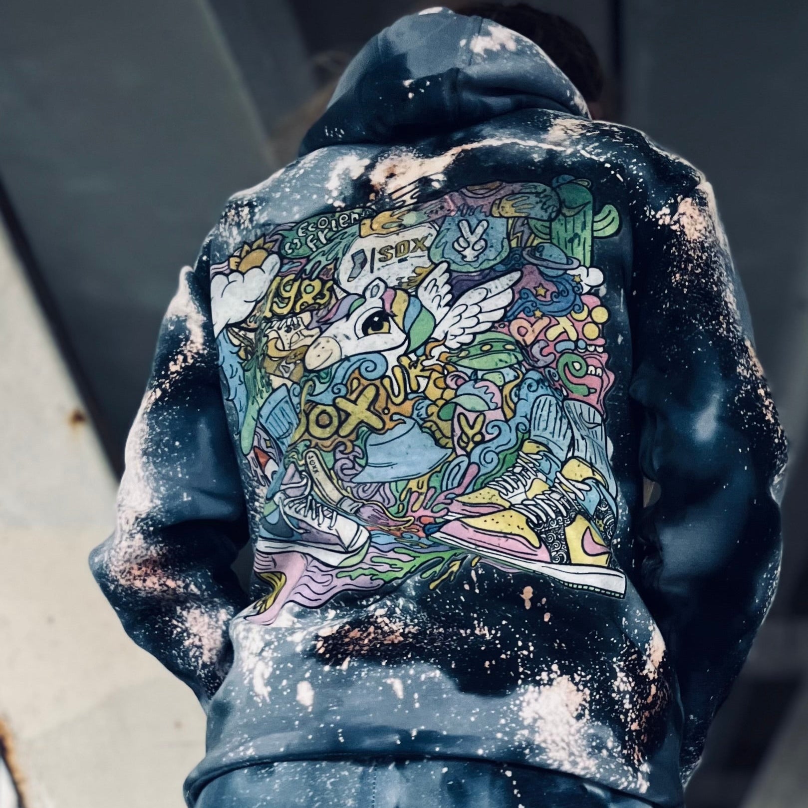 Matching set hoodie joggers stardust tracksuit tie dye bespoke handmade clothing unisex men and women black storm colour gift ideas  unisex outdoors fashion trend socks custom unicron pegasus prints SOX UK