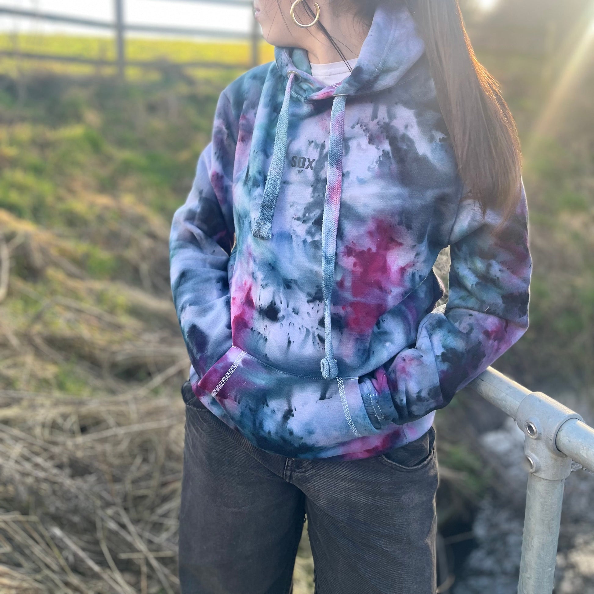 Youth and Adults tie dye black pink emerald  hoodie autumn spring summer colours handmade custom made clothing cotton SOX UK