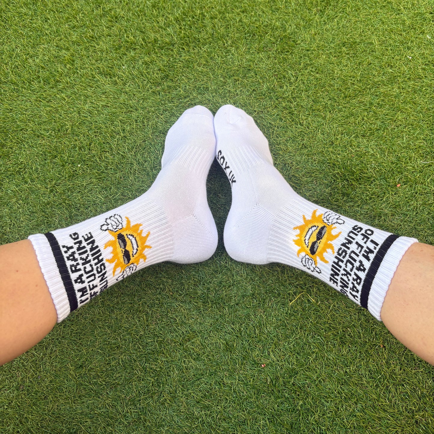 I'm a ray of fucking sunshine quoted socks socks quote of the day cotton socks one size unisex rude socks funny gifts occasions birthdays sunshine swear 