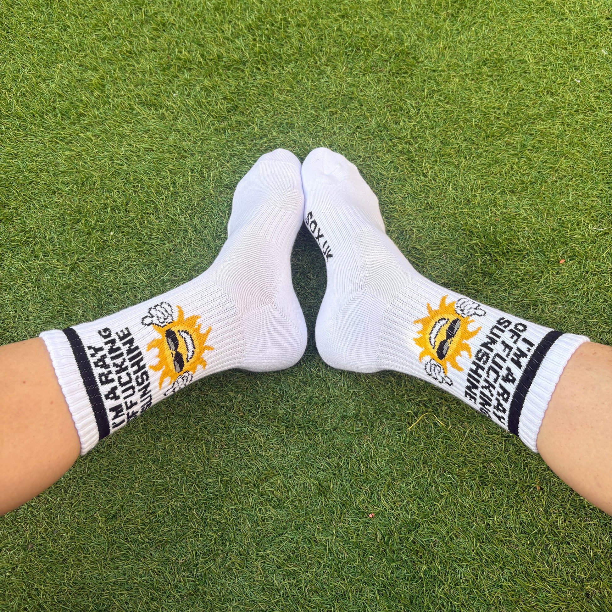I'm a ray of fucking sunshine quoted socks socks quote of the day cotton socks one size unisex rude socks funny gifts occasions birthdays sunshine swear 